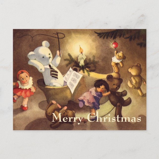 Weihnachtsspielzeug, Tanzpuppen, Teddybären Feiertagspostkarte (Vorderseite)