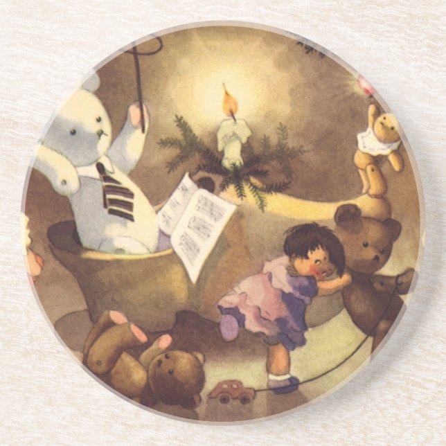 Weihnachtsspielzeug, Tanzpuppen, Teddybären Sandstein Untersetzer (Vorne)