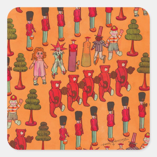 Weihnachtsspielzeug-Vintage Kinder spielen Quadratischer Aufkleber (Vorderseite)