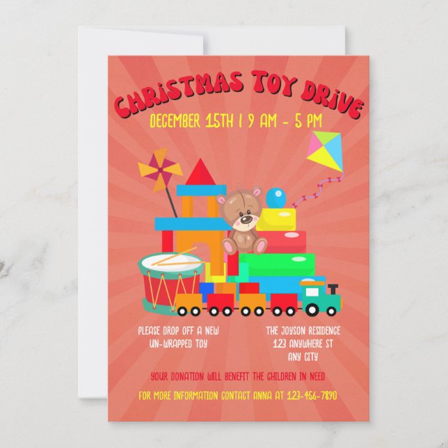 Weihnachtsspielzeugfamilie oder Wohltätigkeit Einladung (Vorderseite)