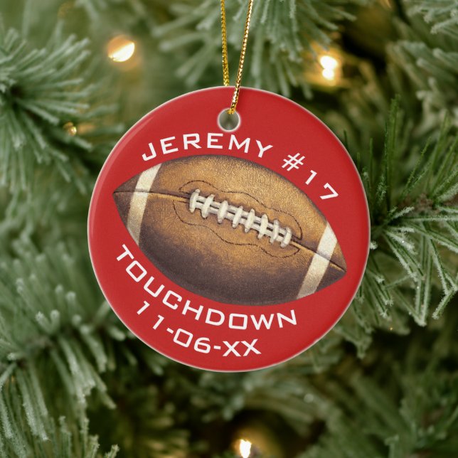 Weihnachtssportfußball Roter Touchdown Name Keramik Ornament (Baum)