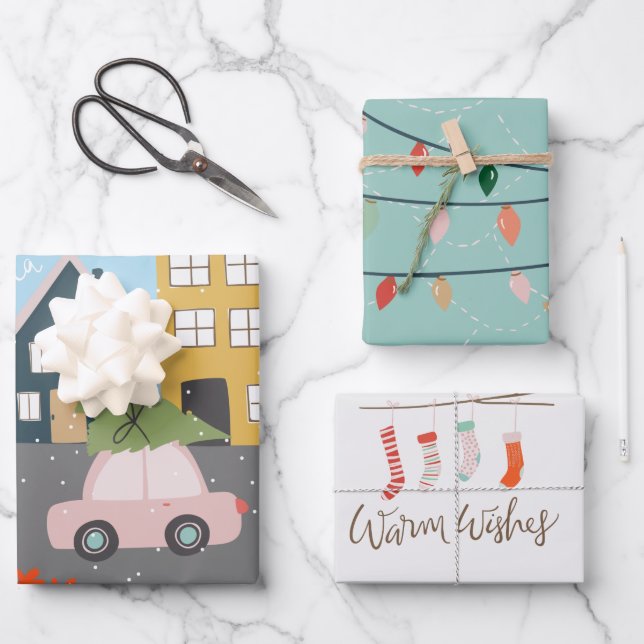 Weihnachtsstadt Fa la la la Lights Strümpfe Geschenkpapier Set (Vorderseite)