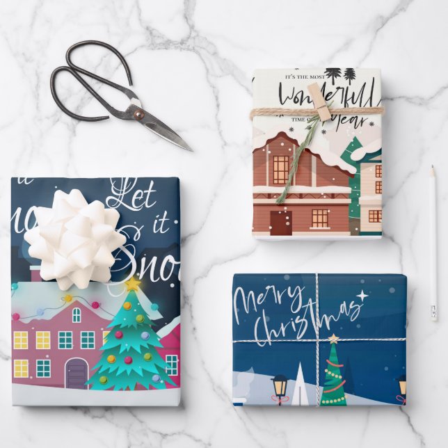 Weihnachtsstadt Landschaft Frohe Weihnachtsangebot Geschenkpapier Set (Vorderseite)