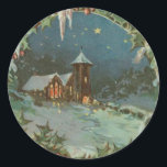 Weihnachtsstadt mit Kindern Runder Aufkleber<br><div class="desc">Dies ist eine Vintage Postkartenabbilderung einer Weihnachtsstadt mit Kindern darüber.</div>