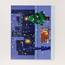 Weihnachtsstadtbild mit Straßenlaterne, Baum und G