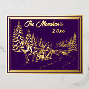 Weihnachtsstädteszene in Gold mit Lila Folien Feiertagspostkarte