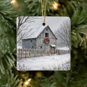 Weihnachtsstall in Schneeflocken Keramikornament