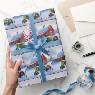 Weihnachtsstall mit grünem Traktor Geschenkpapier