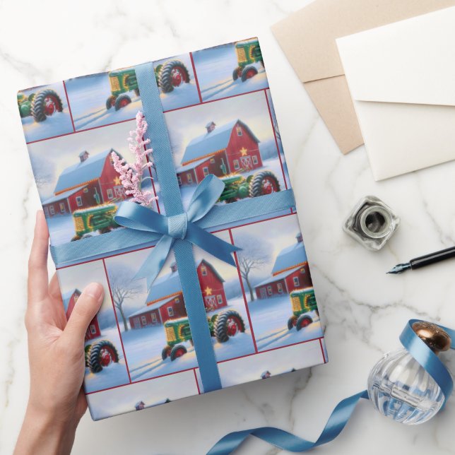 Weihnachtsstall mit grünem Traktor Geschenkpapier (Schenken)