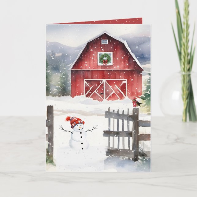 Weihnachtsstall mit Schneemann Feiertagskarte (Vorderseite)