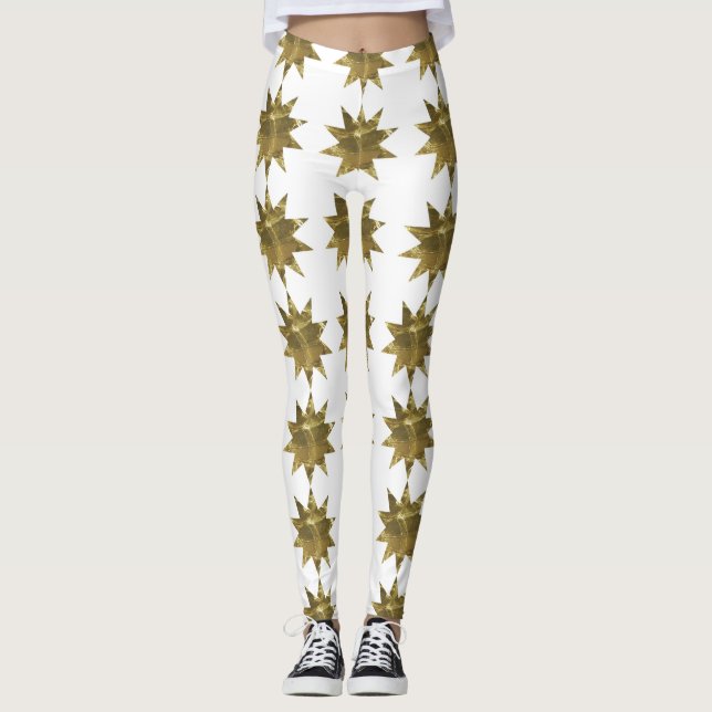 Weihnachtsstars Gold Weiße Leggings (Vorderseite)
