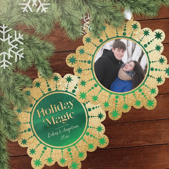 Weihnachtsstars: Grün und Gold Ornament Karte (Holiday Magic Green and Gold Photo Ornament Card)