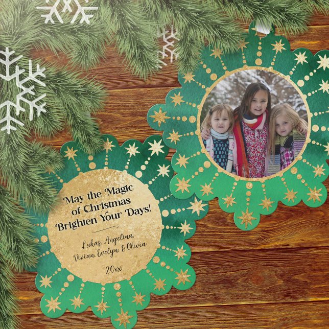 Weihnachtsstars: Grün und Gold Ornament Karte (Christmas Magic Green and Gold Photo Ornament Card)