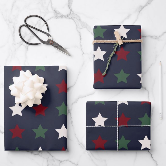 Weihnachtsstars Muster Blau Weiß Rot Geschenkpapier Set (Vorderseite)
