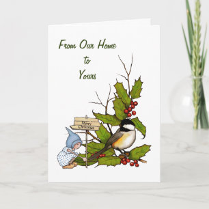 Weihnachtsstechpalme mit Gnome, Chickadee-Vogel, Feiertagskarte