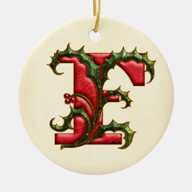 Weihnachtsstechpalmen-Monogramm F Keramikornament (Vorne)