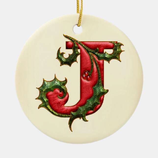 Weihnachtsstechpalmen-Monogramm J Keramikornament (Vorne)