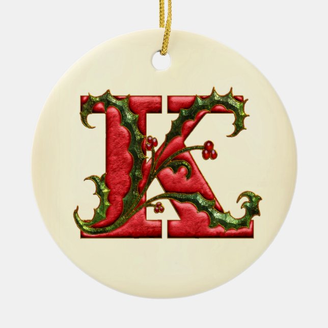Weihnachtsstechpalmen-Monogramm K Keramik Ornament (Vorne)