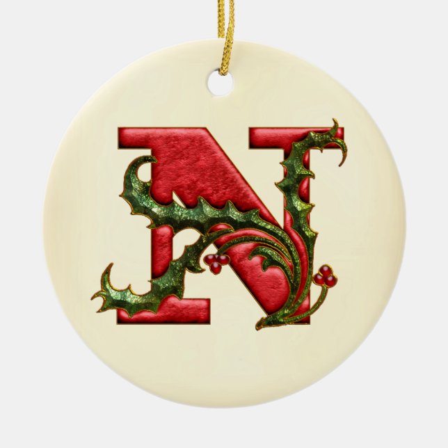 Weihnachtsstechpalmen-Monogramm N Keramikornament (Vorne)