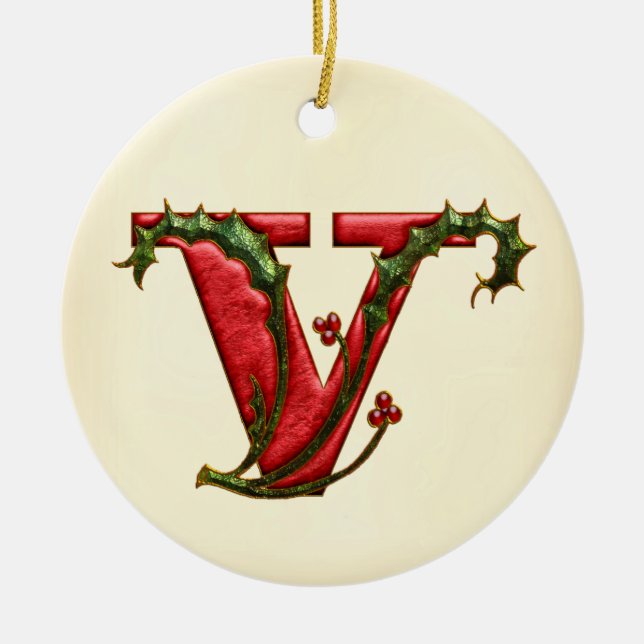 Weihnachtsstechpalmen-Monogramm V Keramik Ornament (Vorne)