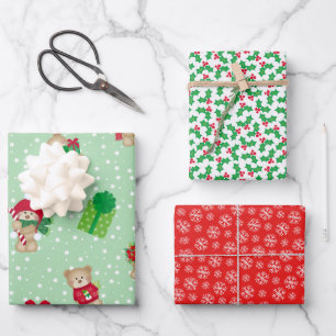 Weihnachtsstedten, Holly Berries, Schneeflocken Se Geschenkpapier Set