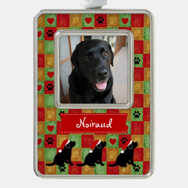 Weihnachtssteppdecken-Schwarz-Labrador-Welpe Rahmen-Ornament Silber (Vorderseite)