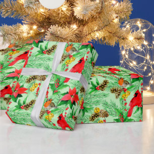Weihnachtsstern Fichten Zweige Zapfen Rotkehlchen Geschenkpapier