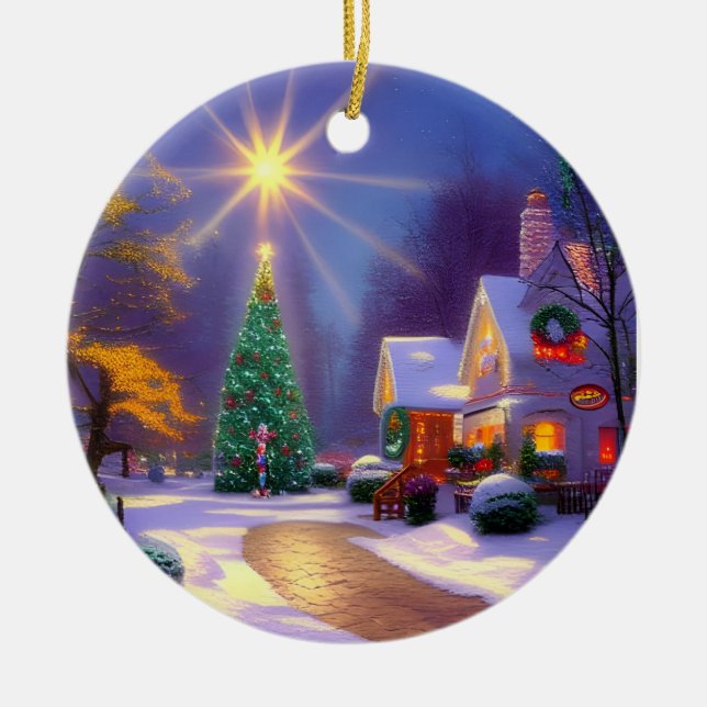 Weihnachtsstern leuchten über einem Weihnachtsbaum Keramik Ornament (Vorne)