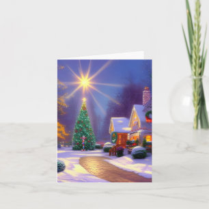 Weihnachtsstern leuchtet über einem Weihnachtsbaum Karte