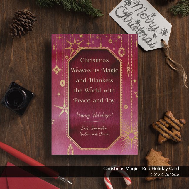 Weihnachtsstern: Rot und Gold Foto Feiertagskarte (Christmas Magic Red Gold Stars Holiday Card)