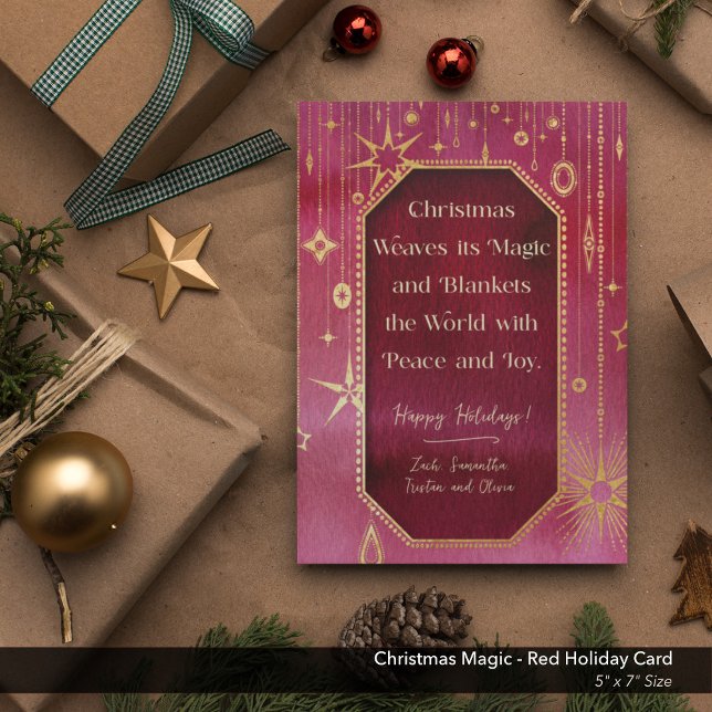 Weihnachtsstern: Rot und Gold Foto Feiertagskarte (Christmas Magic Red Gold Stars Holiday Card)