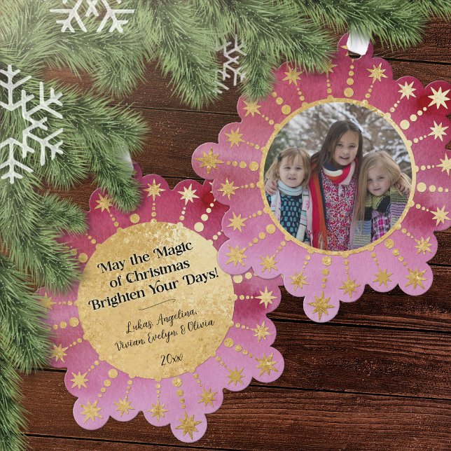 Weihnachtsstern: Rot und Gold Foto Ornament Karte (Christmas Magic Red, Pink, and Gold Photo Ornament Card)
