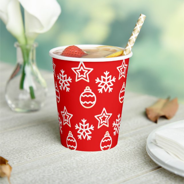 Weihnachtsstern & Schneeflocken-Muster auf Rot Pappbecher (In Situ)