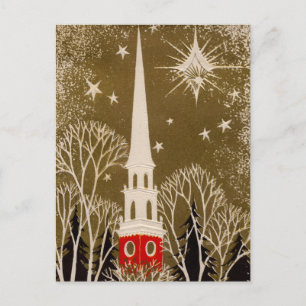 Weihnachtsstern und Kirchturm auf Gold Feiertagspostkarte