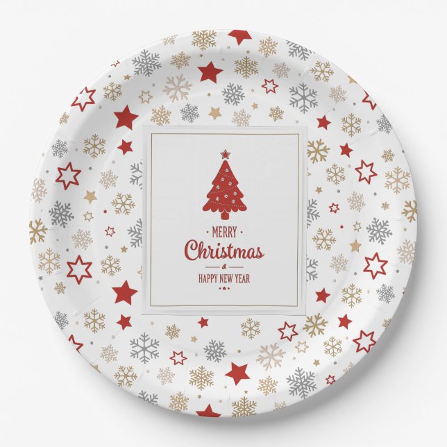 Weihnachtssterne und Schneeflocken Muster Pappteller (Vorderseite)