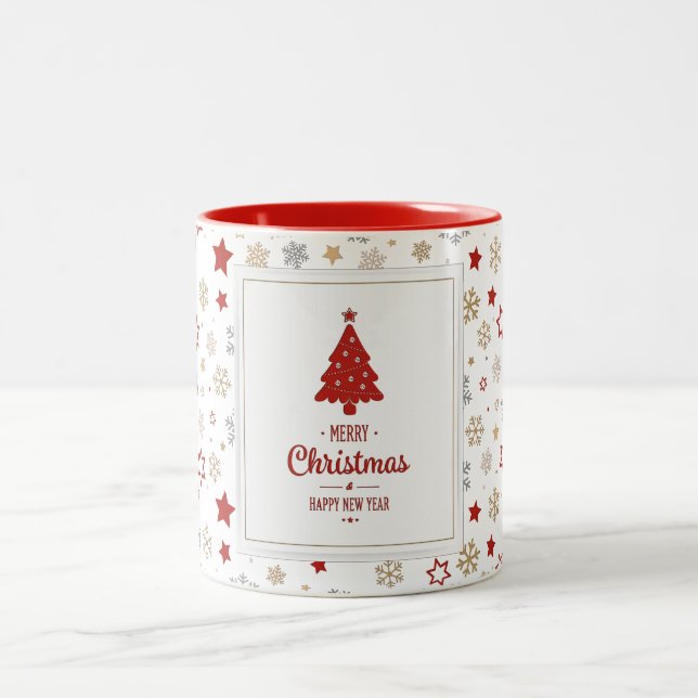 Weihnachtssterne und Schneeflocken Muster Zweifarbige Tasse (Mittel)