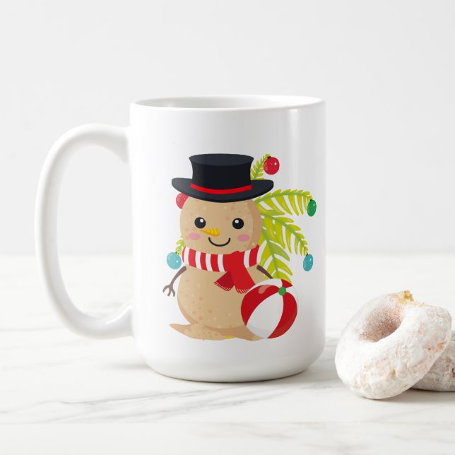 Weihnachtsstrand und Schneemann fügen Monogramm Kaffeetasse (Mit Donut)