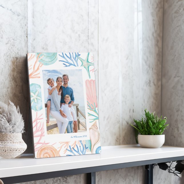 Weihnachtsstrand Wasserfarbe Seashell Foto Fotoplatte (Coastal Christmas Beach Watercolor Seashell Photo Plaque)