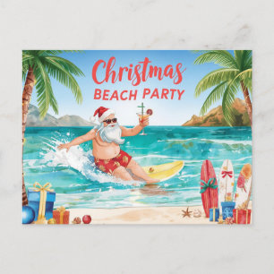 Weihnachtsstrandparty – Tropischer Santa beim Surf Einladungspostkarte