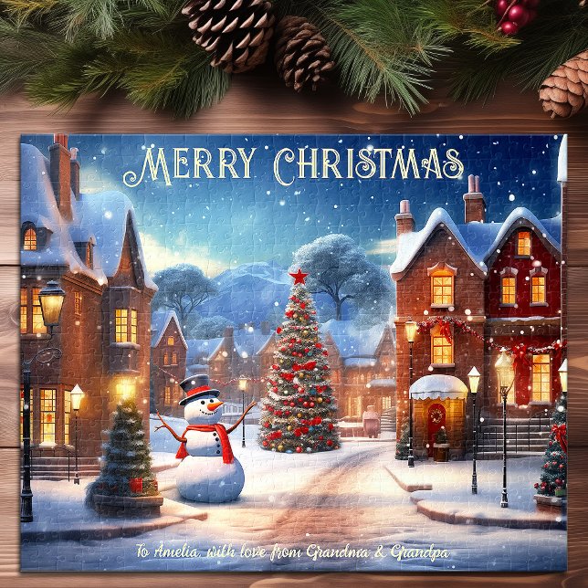 Weihnachtsstraße Snowman Trees Houses Holiday Art Puzzle (Christmas Street Snowman Tree Houses Holiday Art Jigsaw Puzzle)
