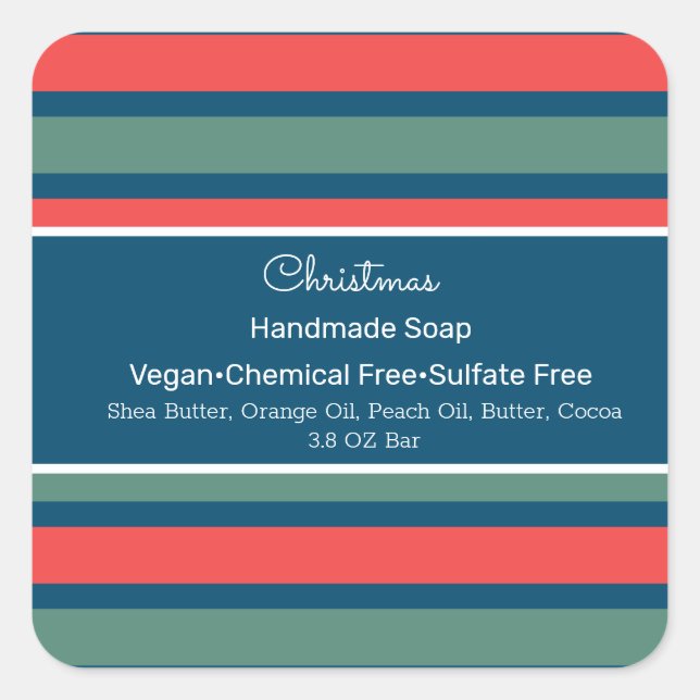 Weihnachtsstreifen Handgefertigte Seife Lippe Quadratischer Aufkleber (Vorderseite)