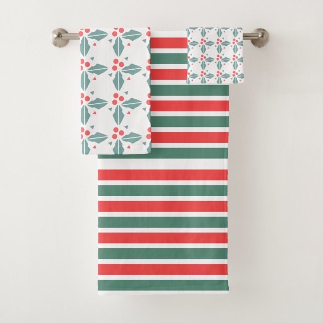 Weihnachtsstreifen und Holly Berries Urlaub Badhandtuch Set (Insitu)