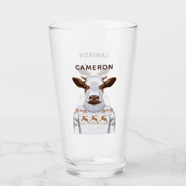 Weihnachtsstrickjacke-Kuh | addieren Ihren Namen Glas (Vorderseite)