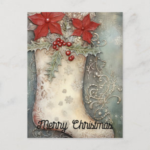 Weihnachtsstrumpf mit Weihnachtsstern-Blumen im Vi Postkarte