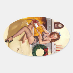 Weihnachtsstrumpf Pin Up Ovaler Aufkleber