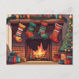 Weihnachtsstrümpfe hängen über dem Kamin  Feiertagspostkarte