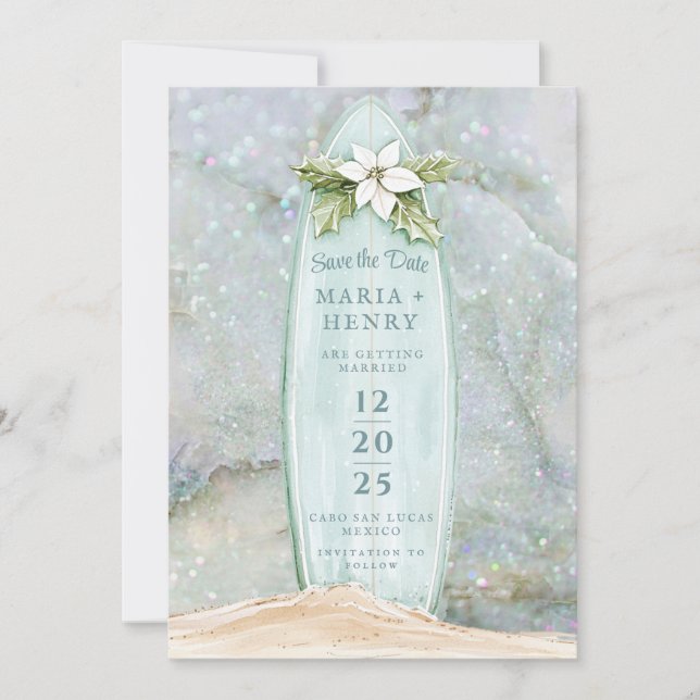 Weihnachtssurfboard | Winter Beach Save the Date (Vorderseite)