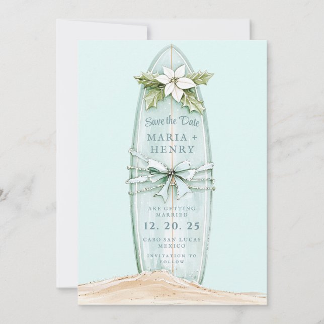 Weihnachtssurfboard | Winter Beach Save the Date (Vorderseite)