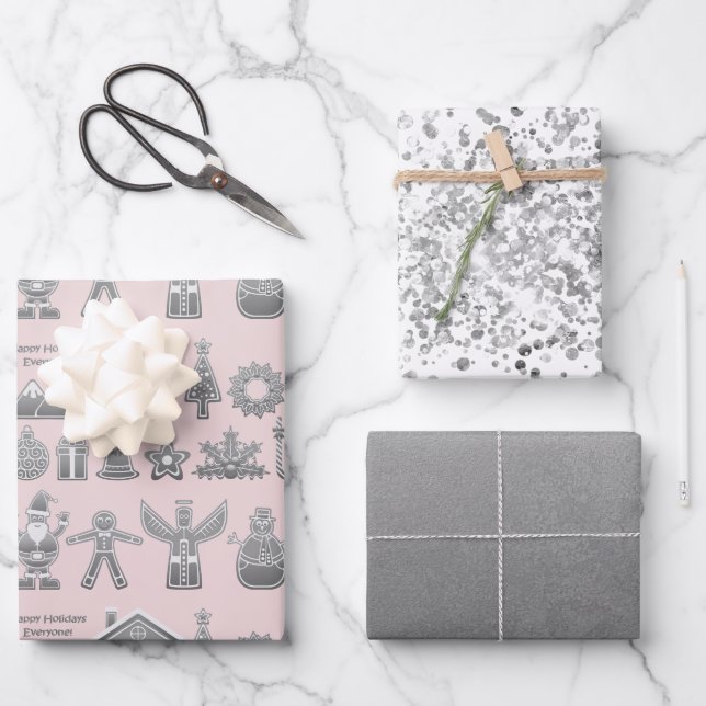 Weihnachtssymbole Glitzer Silber Geschenkpapier Set (Vorderseite)
