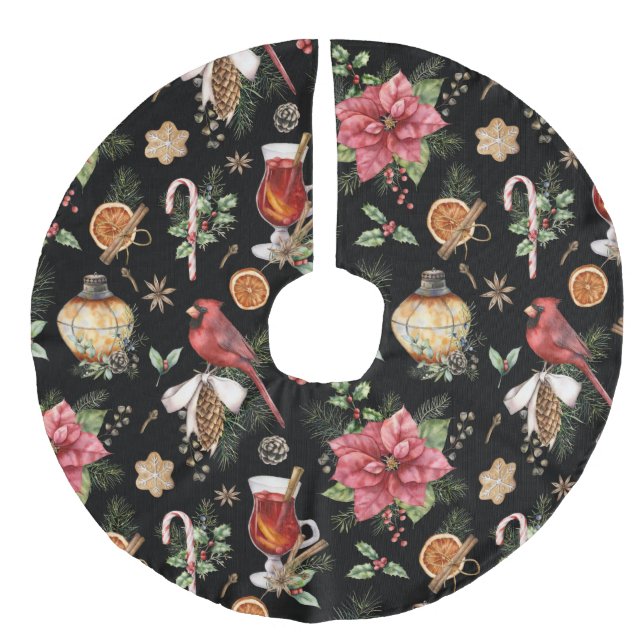 Weihnachtssymbole Muster Kardinal, Poinsettia Fa Leinenimitat Weihnachtsbaumdecke (Vorderseite)